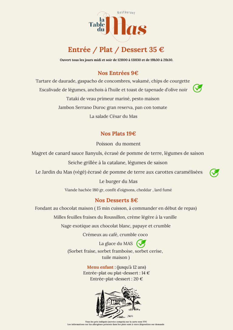 Table du mas menu restaurant